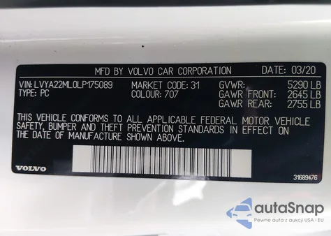 2020 Volvo S90 T6 Inscription z USA, uszkodzony, nr VIN LVYA22ML0LP175089